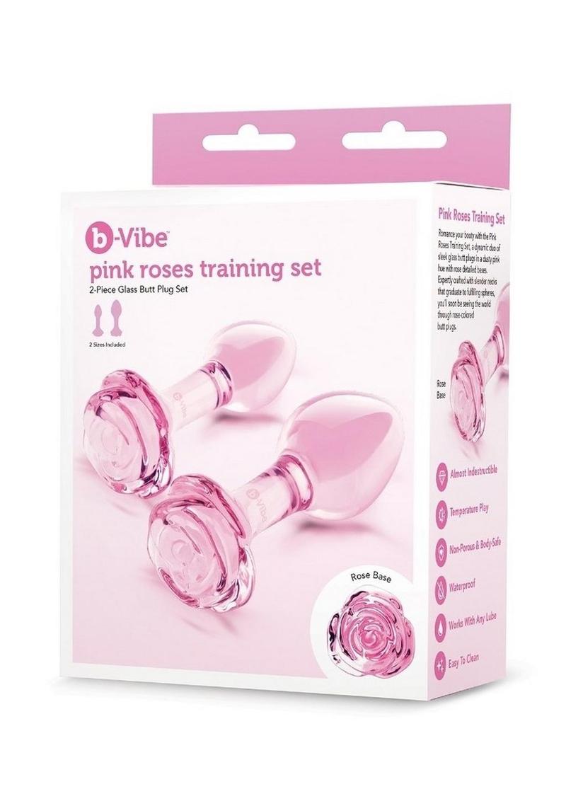 B Vibe Pink Roses Glass Butt Plug Training - 2pc/Set