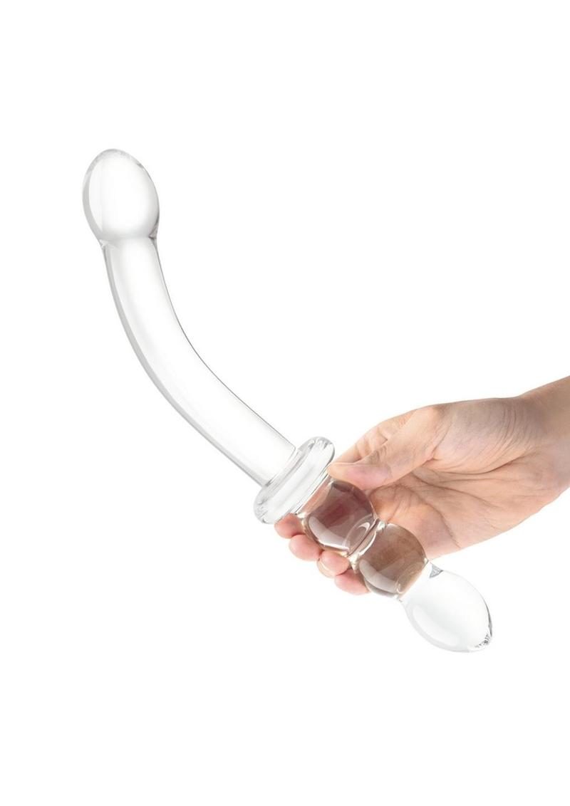 Glas Girthy Ribbed G-Spot Glass Dildo Double-Ended with Handle Grip