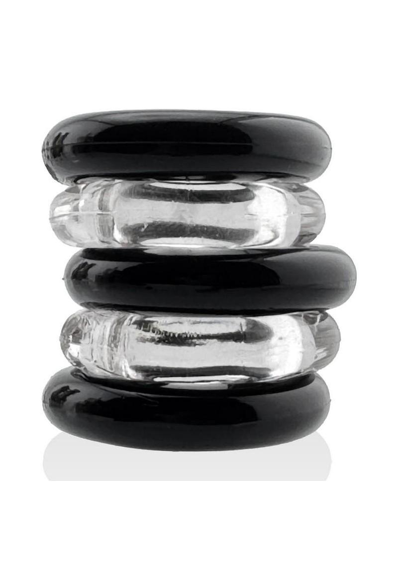 Hunkyjunk Jacker 5 Stack Super-Strong Cockrings - Black/Clear - 5 Pack