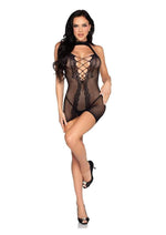Leg Avenue Dotted Net and Lace Halter Mini Dress