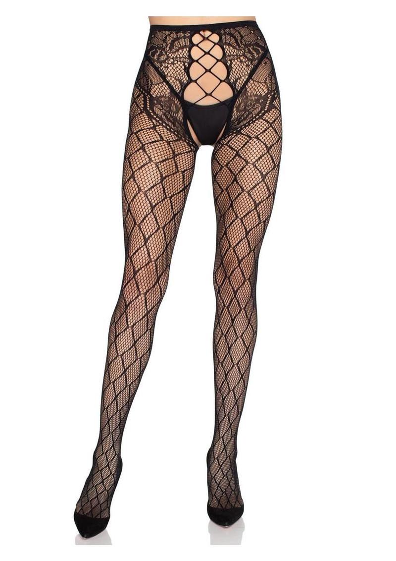 Leg Avenue Faux Layer Net Tights with Crotchless Floral Panty - Black - One Size