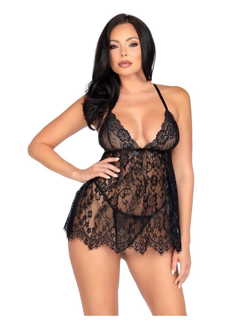 Floral Lace Babydoll with Eyelash Lace Scalloped Hem