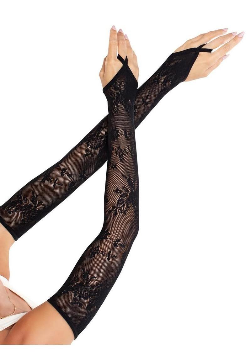 Leg Avenue Floral Net Extra Long Gauntlet Arm Warmers - Black - One Size
