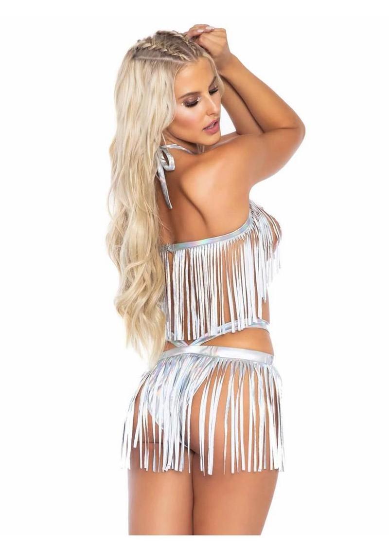 Leg Avenue Fringe Halter Top and Matching Bikini Bottoms - Silver - Large/Medium - 2 Piece