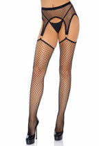 Leg Avenue Industrial Net Stockings with O-Ring Attached Garter Belt - Black - One Size