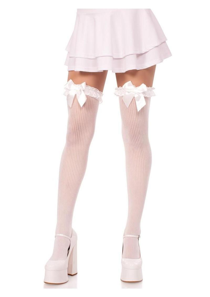 Leg Avenue Lace Garter Sheer Striped Thigh Highs with Satin Bow Accent - White - One Size