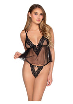 Leg Avenue Lace Trimmed Sheer Babydoll with Rosette Accent and Matching Lace Panty - Black - Small - 2 Piece