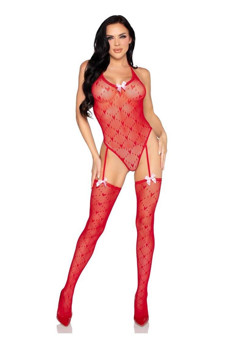 Heart Trimmed Net Teddy with Stockings