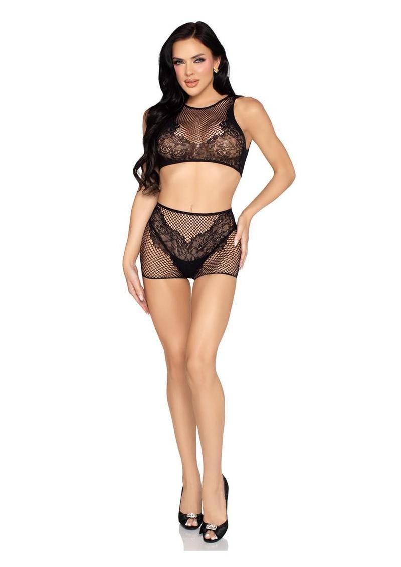 Leg Avenue Net and Lace Crop Top And Boyshorts Set