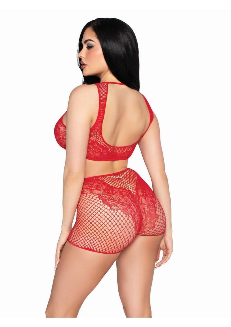 Leg Avenue Net and Lace Crop Top and Matching Boy Shorts (2 Piece) - Os - Red
