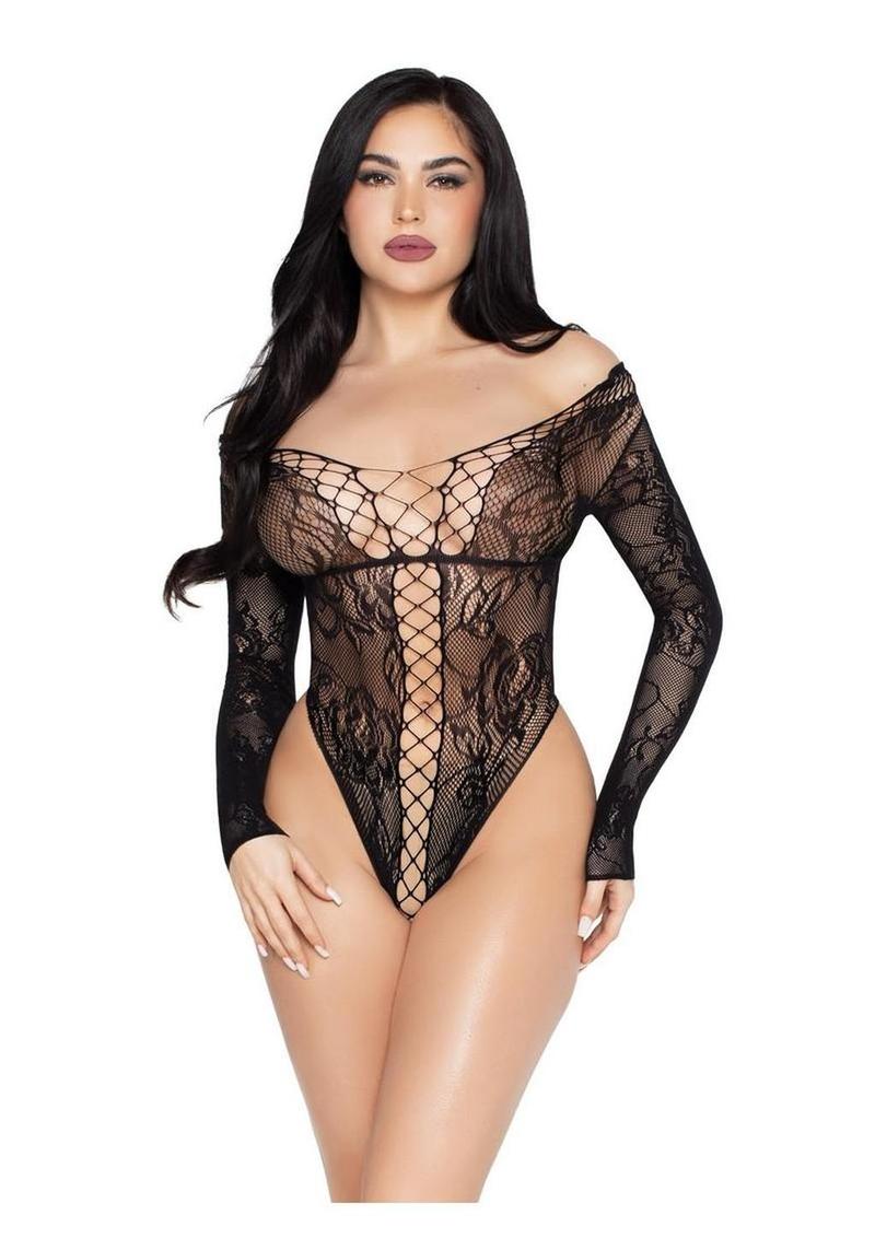 Leg Avenue Net and Lace Crotchless Teddy - Black - One Size