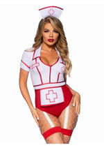 Leg Avenue Nurse Feelgood Snap Crotch Garter Bodysuit with Attached Apron and Hat Headband - Red/White - Large - 2 Piece