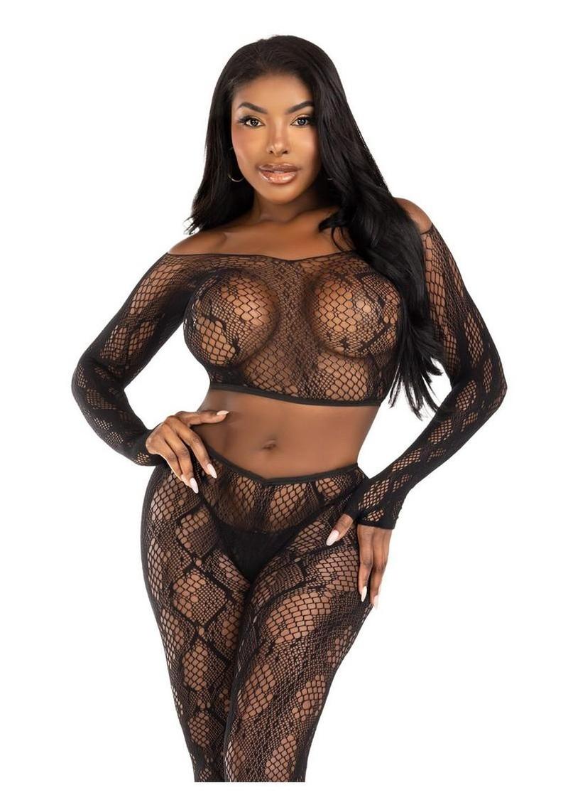 Leg Avenue Python Net Crop Top and Footless Tights - Black - One Size - 2 Piece