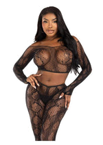 Leg Avenue Python Net Crop Top and Footless Tights - Black - One Size - 2 Piece