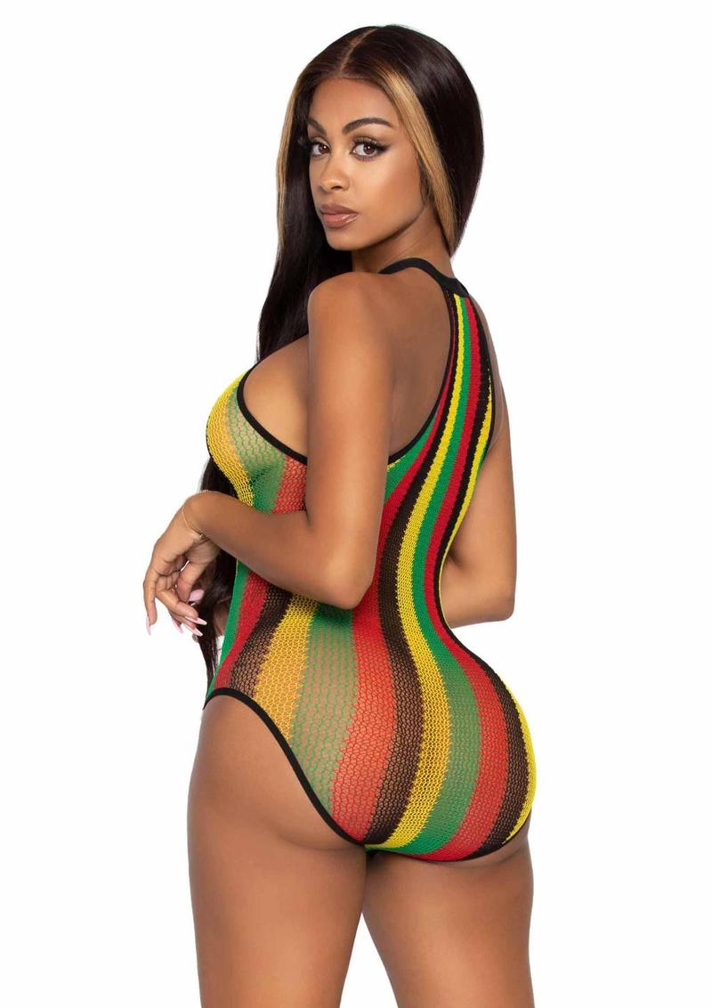 Leg Avenue Rasta Net Snap Crotch Racer Back Bodysuit - Multicolor - One Size