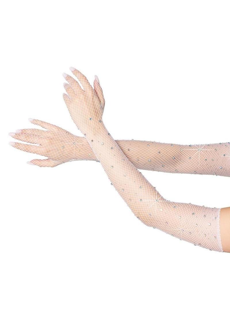 Leg Avenue Rhinestone Fishnet Opera Length Gloves - Os - White