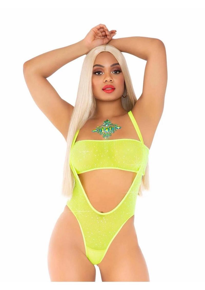 Neon Yellow Rhinestone Mesh Suspender Bodysuit