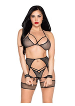 Leg Avenue Shimmer Net Bra Top, G-String Panty, Garter Harness and Wrist Ties - Black/Silver - One Size - 4 Piece