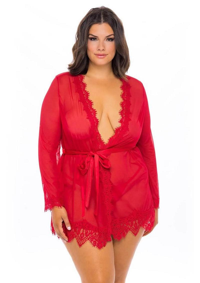 Oh LA LA Provence Short Sheer Robe 1x/2x - Red