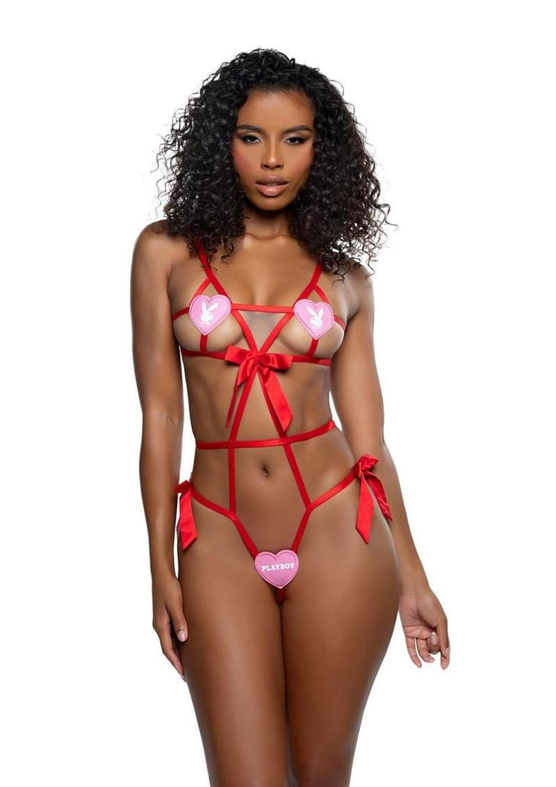 Playboy Lovestruck Bunny Strappy Teddy - Pink/Red - One Size