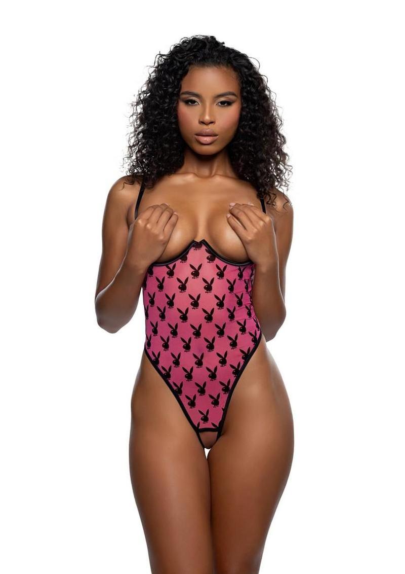 Playboy Ravishing Bunny Crotchless Teddy - Hot Pink/Pink - Large/XLarge