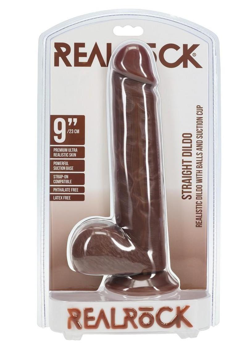 Realrock Realistic Skin Straight Realistic Dildo with Balls and Suction Cup - Chocolate - 9in