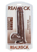 Realrock Realistic Skin Straight Realistic Dildo with Balls and Suction Cup - Chocolate - 9in