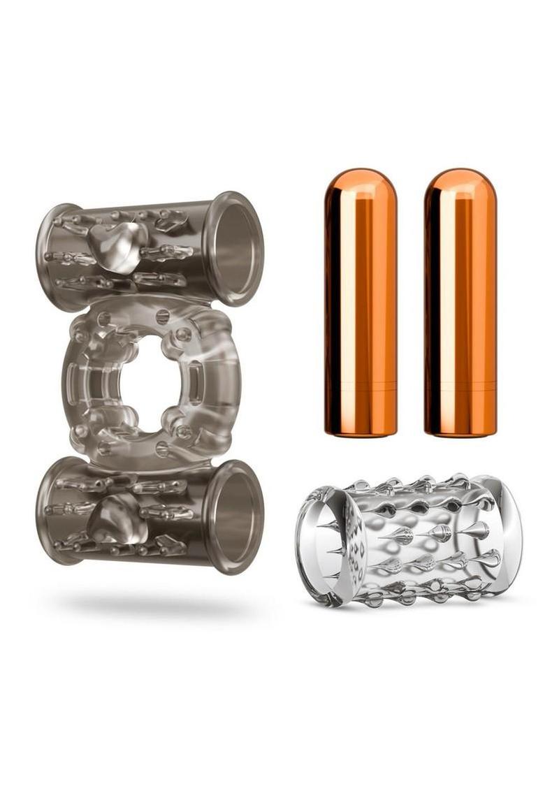Stay Hard Vibrating Rechargeable Cock Ring Set with Sleeve and 2 Bullets - Multicolor