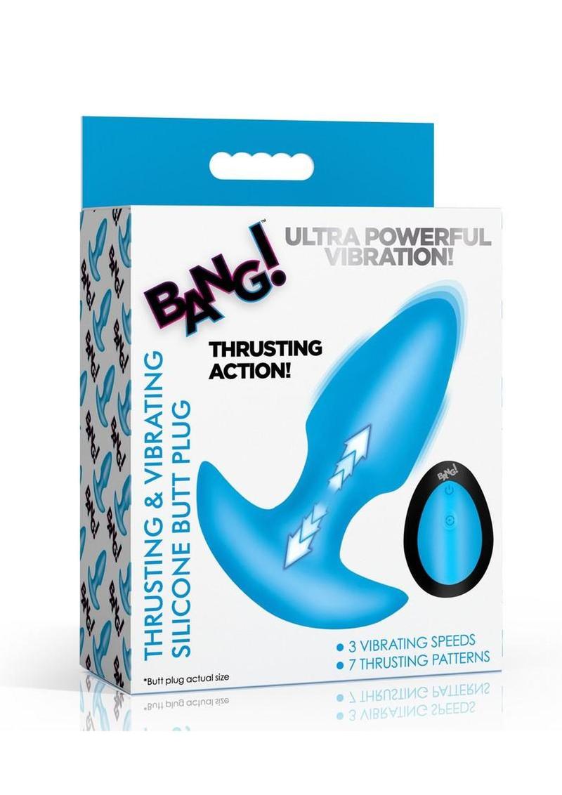 Bang! Thrusting and Vibrating Rechargeable Silicone Butt Plug - Blue