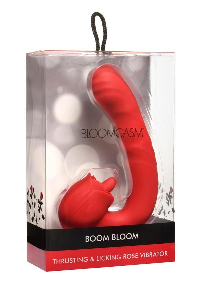 Bloomgasm Boom Bloom Thrusting and Licking Rechargeable Silicone Rose Vibrator - Red