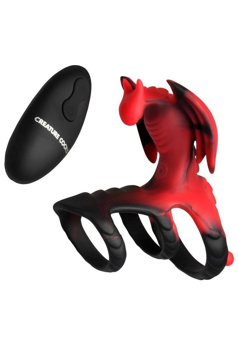 Creature Cocks Dragon Flight Vibrating Rechargeable Silicone Cock Ring with Remote - Black/Red