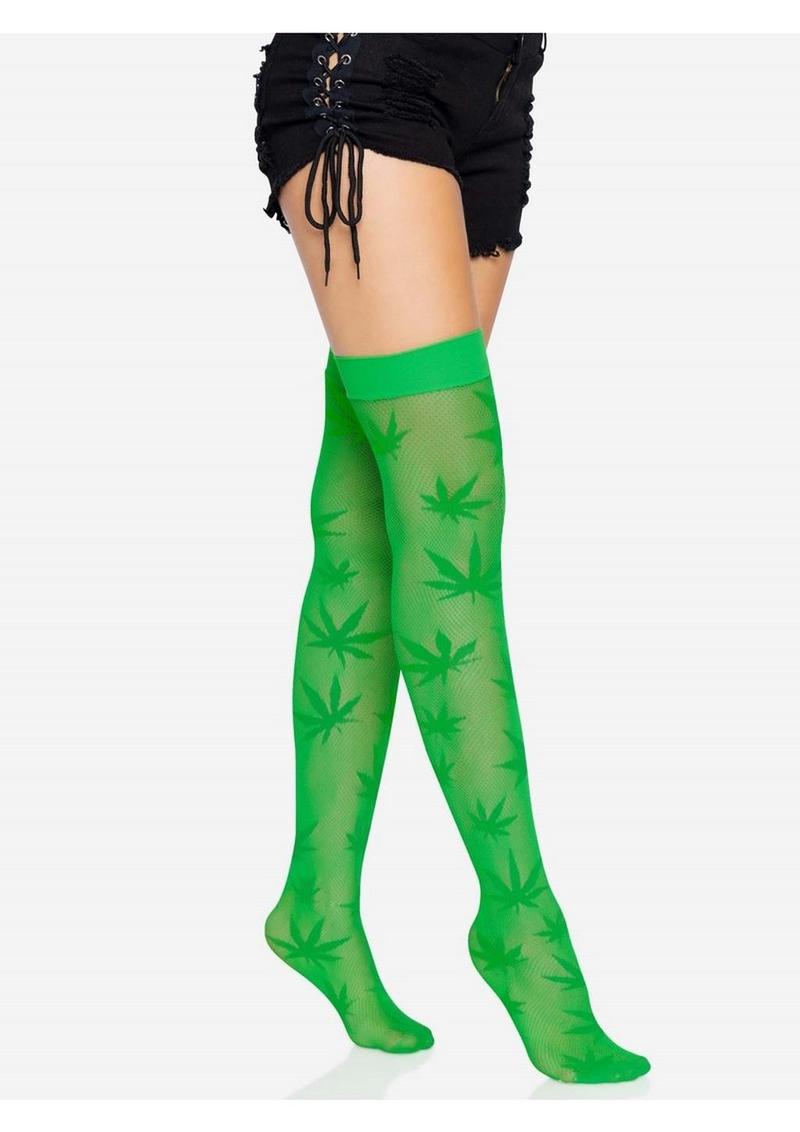 Leg Avenue 420 Net Thigh Highs with Leaf Print