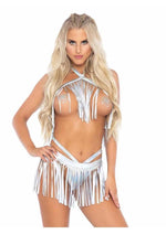 Leg Avenue Fringe Halter Top and Matching Bikini Bottoms - Silver - Medium/Small - 2 Piece