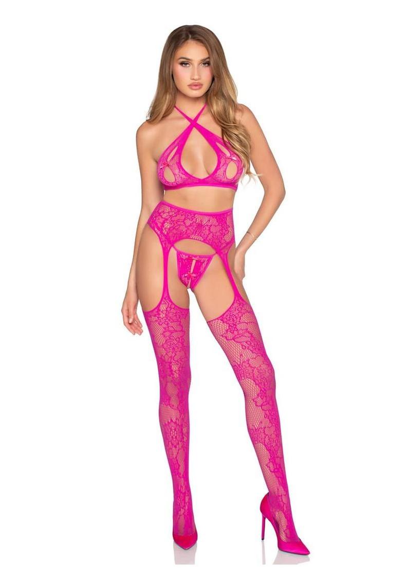 Lace Cross-Over Bra and Crotchless Panty