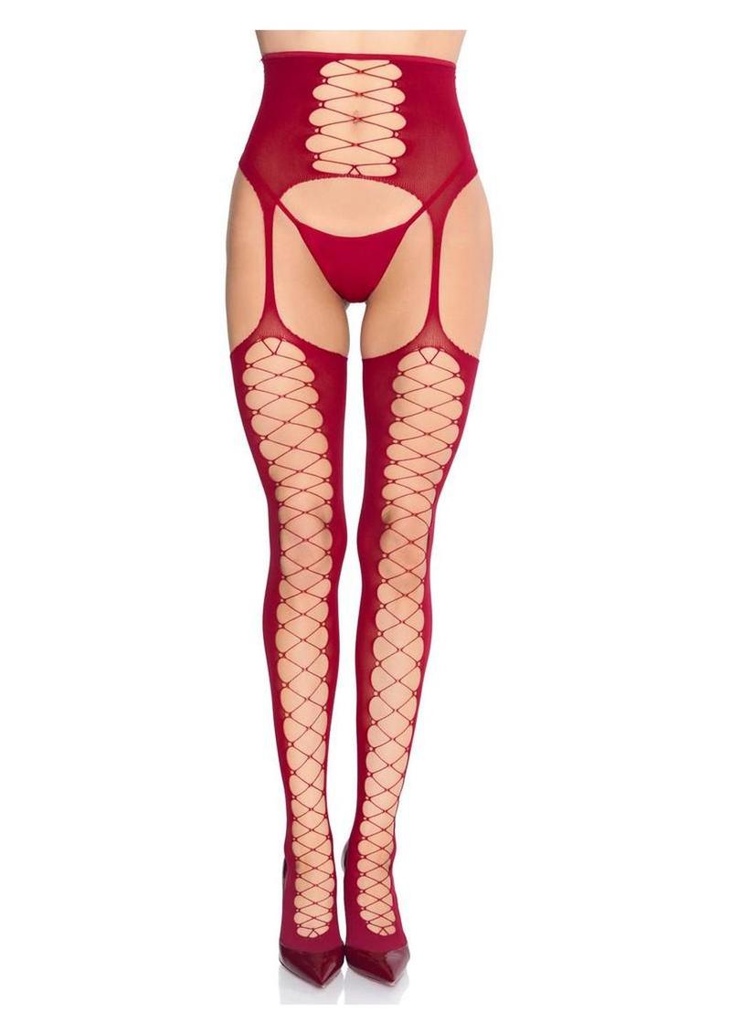 Leg Avenue Opaque Faux Lace-Up Stockings with Attached Waist Cincher Garter Belt - Burgundy - One Size