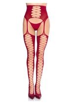 Leg Avenue Opaque Faux Lace-Up Stockings with Attached Waist Cincher Garter Belt - Burgundy - One Size