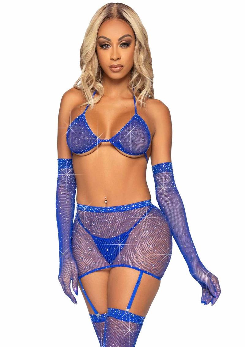 Rhinestone Fishnet Garter Skirt Set
