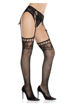 Leg Avenue Rhinestone Lace Top Fishnet Stockings with Attached Garter Belt - Black - One Size