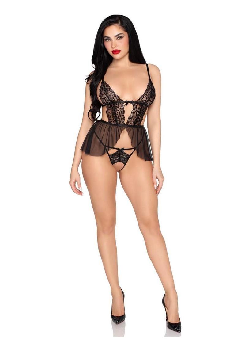Leg Avenue Lace & Mesh Babydoll Set – Black