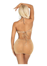 Shimmer Sheer Lurex Rhinestone Keyhole Halter Mini Dress