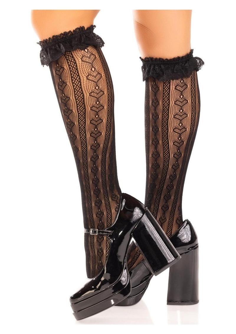 Sweetheart Knit Knee Highs with Lace Ruffle Cuff