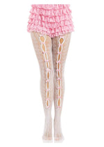 Leg Avenue Sweetheart Striped Net Tights with Keyhole and Mini Bow Detail - Pink/White - One Size