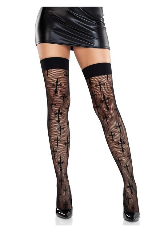 Leg Avenue Worship Me Cross Net Thigh Highs - Black - One Size
