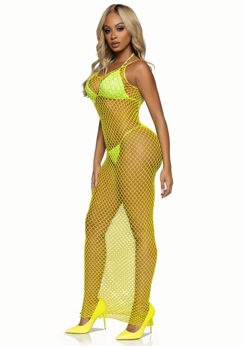 Lemon Woven Twist Net Backless Maxi Dress