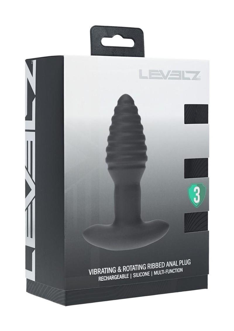 Levelz Vibrating and Rotating Ribbed Silicone Rechargeable Anal Plug with Remote Control - Black