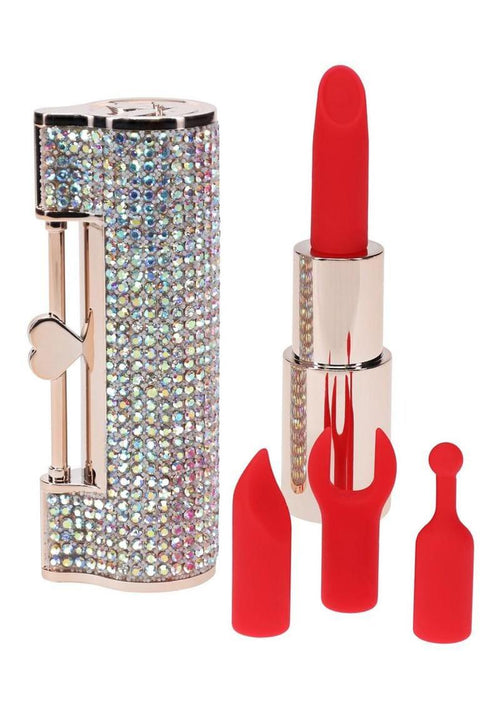 Loveline Diamond Lipstick Rechargeable Silicone Vibrator with Interchangeable Heads - Multicolor/Rainbow