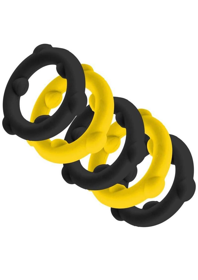 Oxballs Gearheads Silicone Spinner Cock Rings - Black/Yellow - 5 Pack