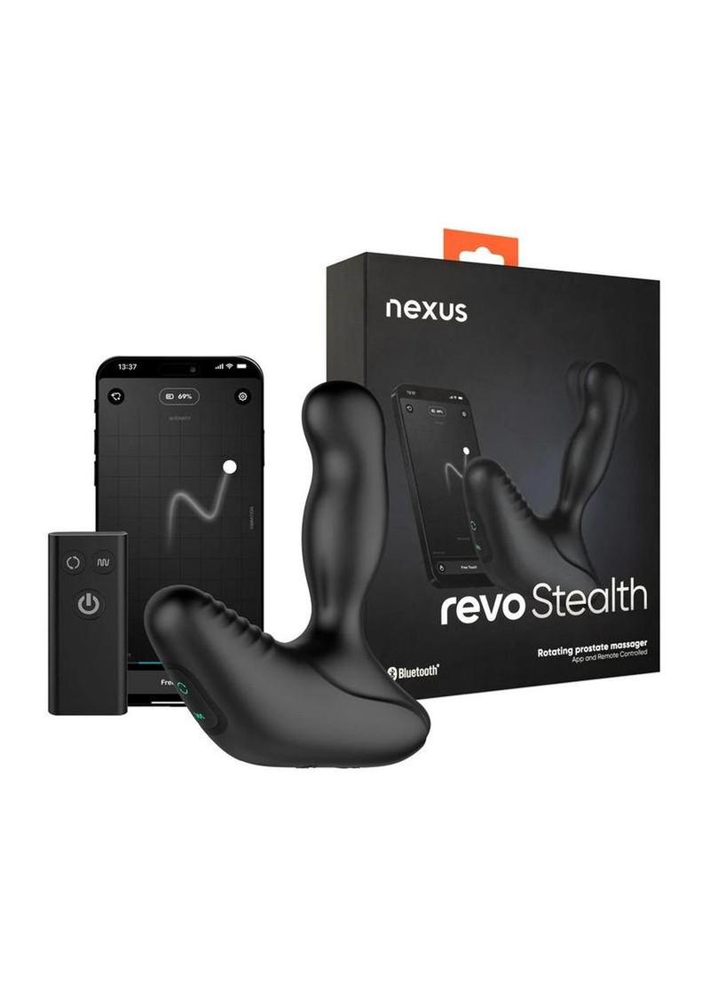 Revo Stealth App Enabled Rechargeable Silicone Rotating Prostate Massager with Remote Control - Black