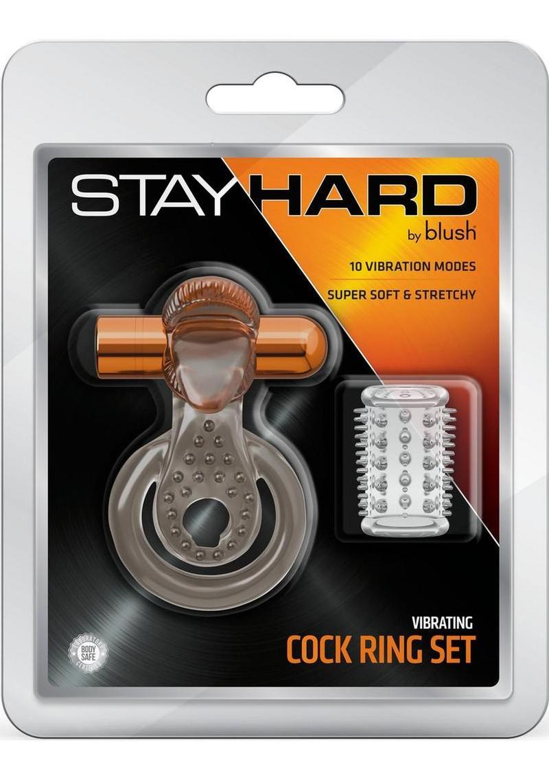 Stay Hard Vibrating Rechargeable Tongue Clitoral Stimulator Cock Ring Set with Textured Sleeve - Multicolor