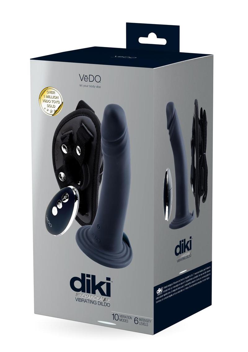 Vedo Diki Rechargeable Silicone Vibrating Dildo with Harness and Remote Control - Just - Black